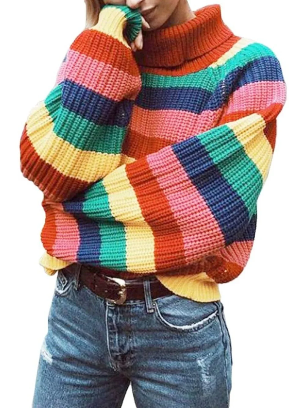 Colorful Striped Turtleneck Sweater | Long Sleeve Knit Pullover Top for Women - Picture 1 of 6